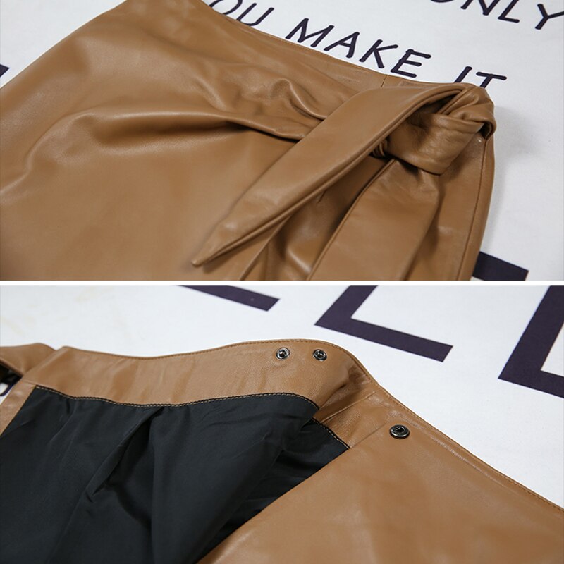 Leather Wrap Skirt Women Winter Female European Real Soft Lambskin 80 cm
