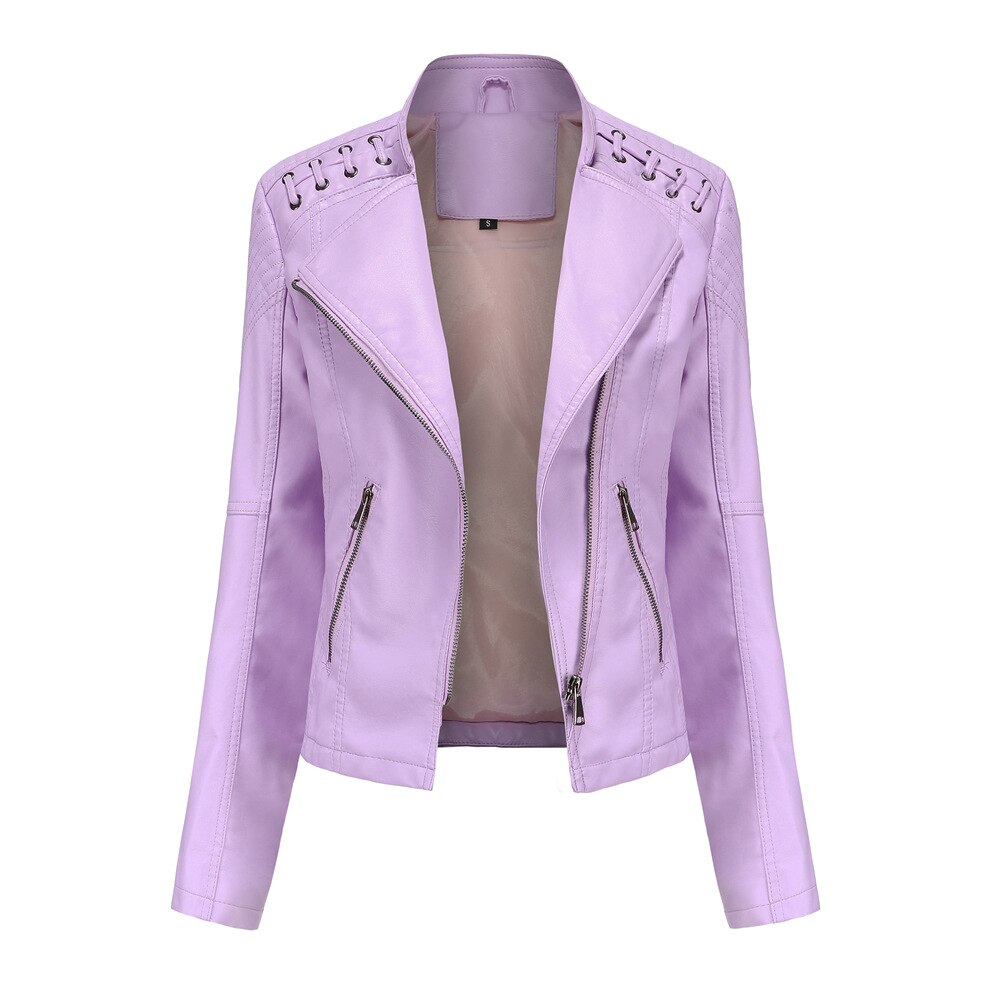 Women's Leather Jacket Slim Turn-down Collar Short PU Leather Jacket
