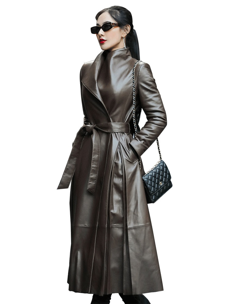 Autumn Long Brown Black Soft Faux Leather Trench Coat for Women