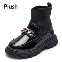 Metal Chain Girls Boys Fashion Boots PU Leather Knitting Patchwork Slip On Kids