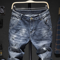 Biker Jeans Men Dark Blue Stretch Slim Fit Ripped Distressed Streetwear Denim