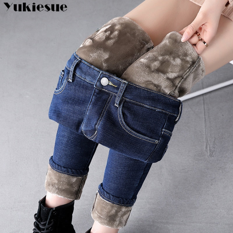 Thick Winter Warm Skinny Jeans for Women Female High Waist Velvet