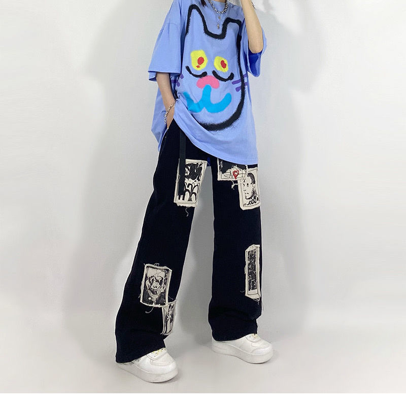 HOUZHOU Grunge Punk Patchwork Black Jeans Women Hip Hop Streetwear Print Oversize Wide Leg Trousers 90s Vintage Fashion Pants