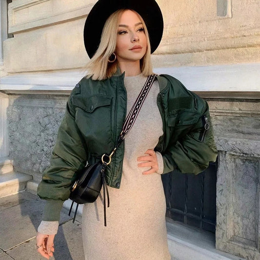 Stylish lady autumn winter za green short jackets women fashion long