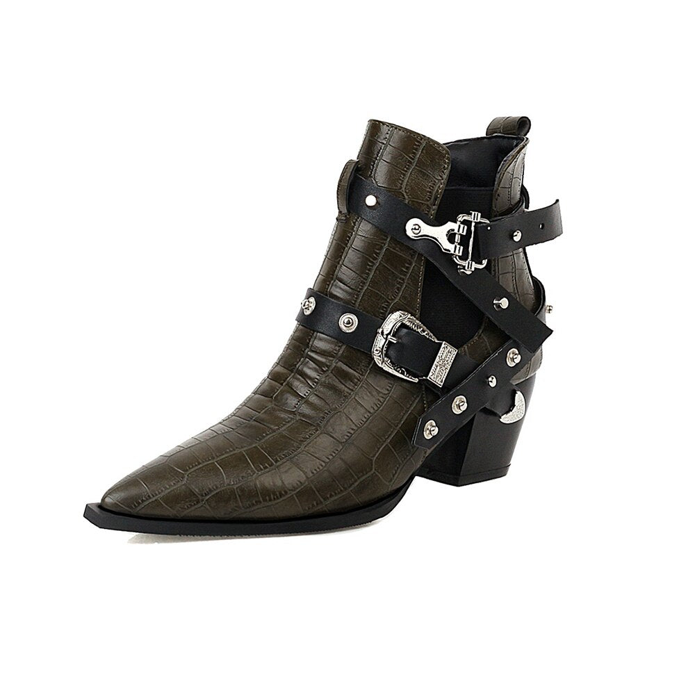 Motorcycle Western Cowboy Boots Women Snake PU Leather Short Cossacks