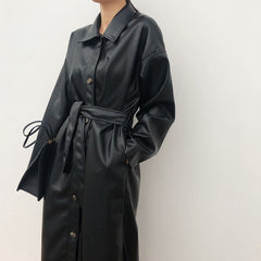 FTLZZ Spring Women PU Leather Long Jacket Faux Leather Windbreaker