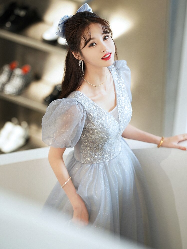 Evening wear Dresses: Formal Evening Prom Dress Gorgeous V Neck Puff Sleeve