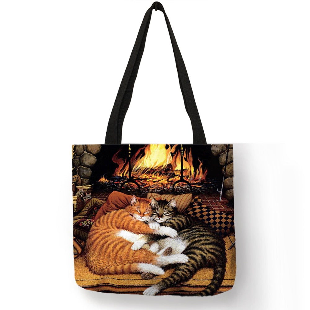 Customize Oil Painting Cat Print Womens Designer Tote Bags Linen