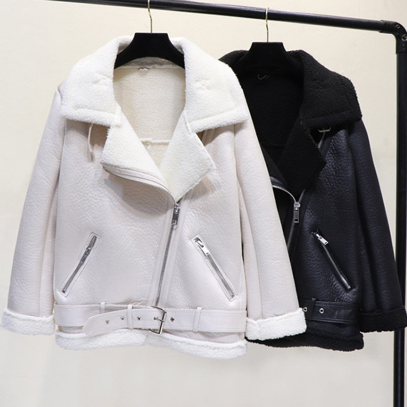 Winter Faux Lamb Leather Jacket Women Faux Leather Lambs Wool