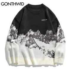 Snow Mountain Knitted Jumper Sweaters Streetwear Mens Hip Hop