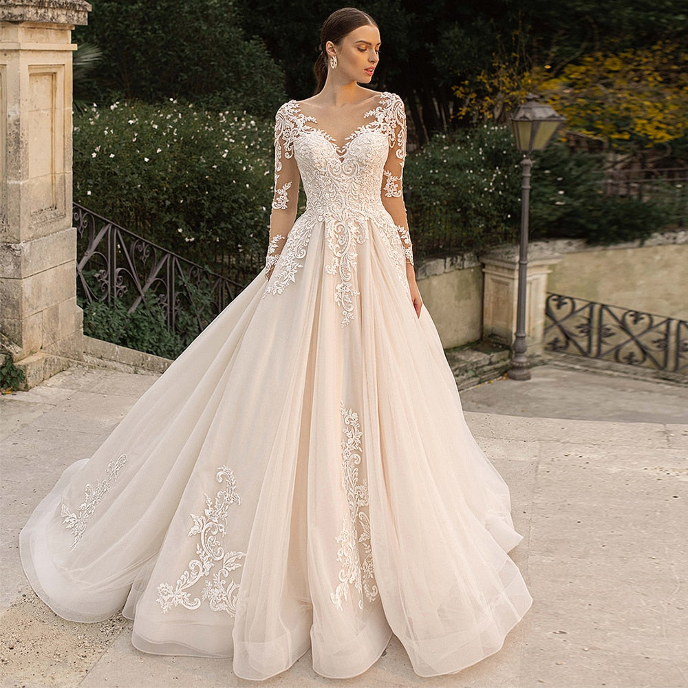 Boho Lace Tulle Wedding Dress  Princess Champagne A-Line