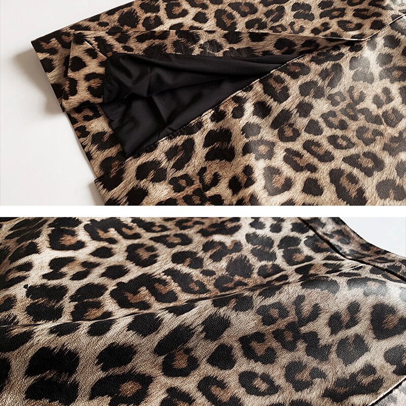 Leopard Print Genuine Leather Long skirt Female Over Knee Wrap Back Split Wild