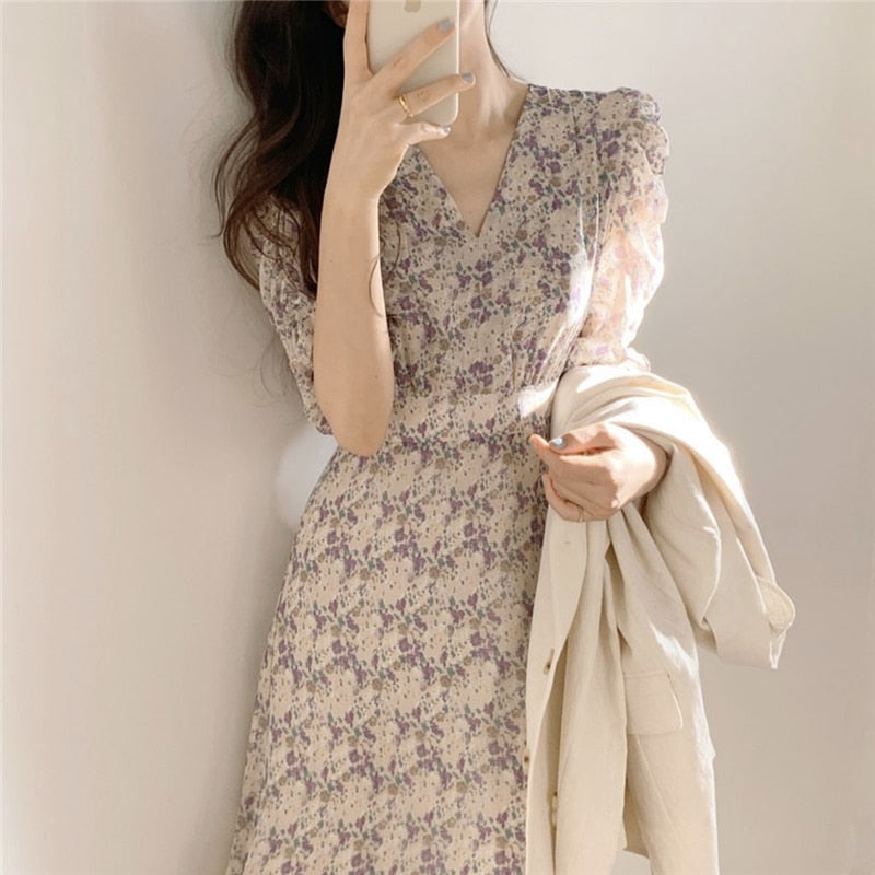 Korean Style Elegant dress vintage Floral Print High Waist V-neck Short Sleeve