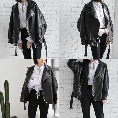 Spring Black PU Leather Loose Turn-down Collar