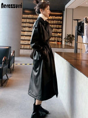 Spring Black Oversized Long Waterproof Leather Trench Coat