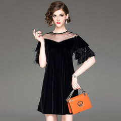 women beaded mesh round neck velvet dress ostrich feather lotus leaf sleeve dresses