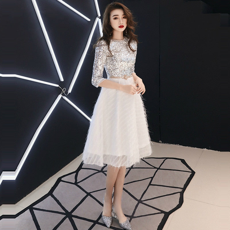 Homecoming Dresses: Prom Dresses Sparkling O-Neck Women Party Sliver White