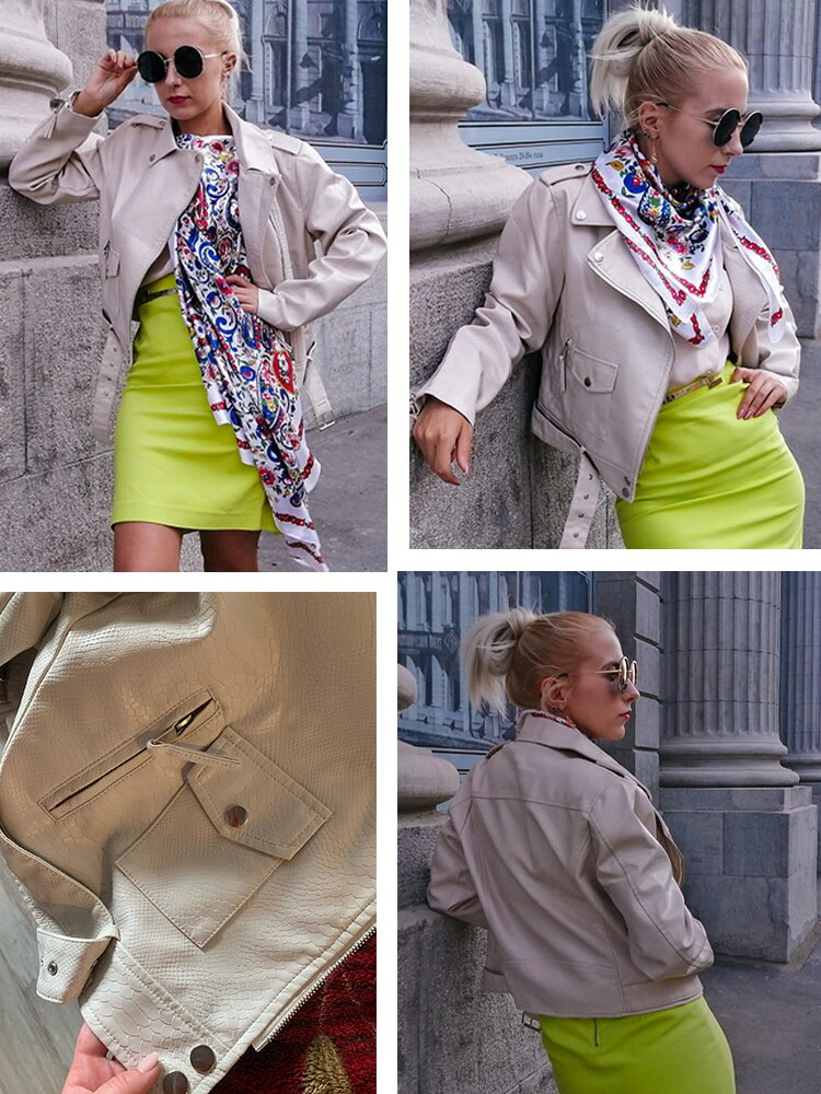 Spring Autumn Women Faux Leather Jacket Slim Streetwear Khaki