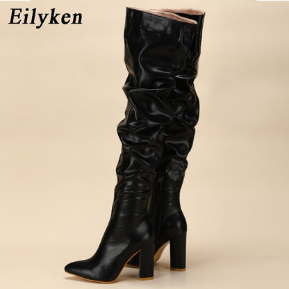 Over-the-Knee Boots Square Heel Punk Solid Color High Heel Zipper Shoes Pleated Pointed Toe Lady Long Boot