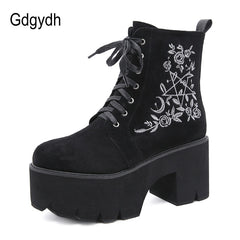 Fashion Flower Platform Boots Chunky Punk Leather Womens