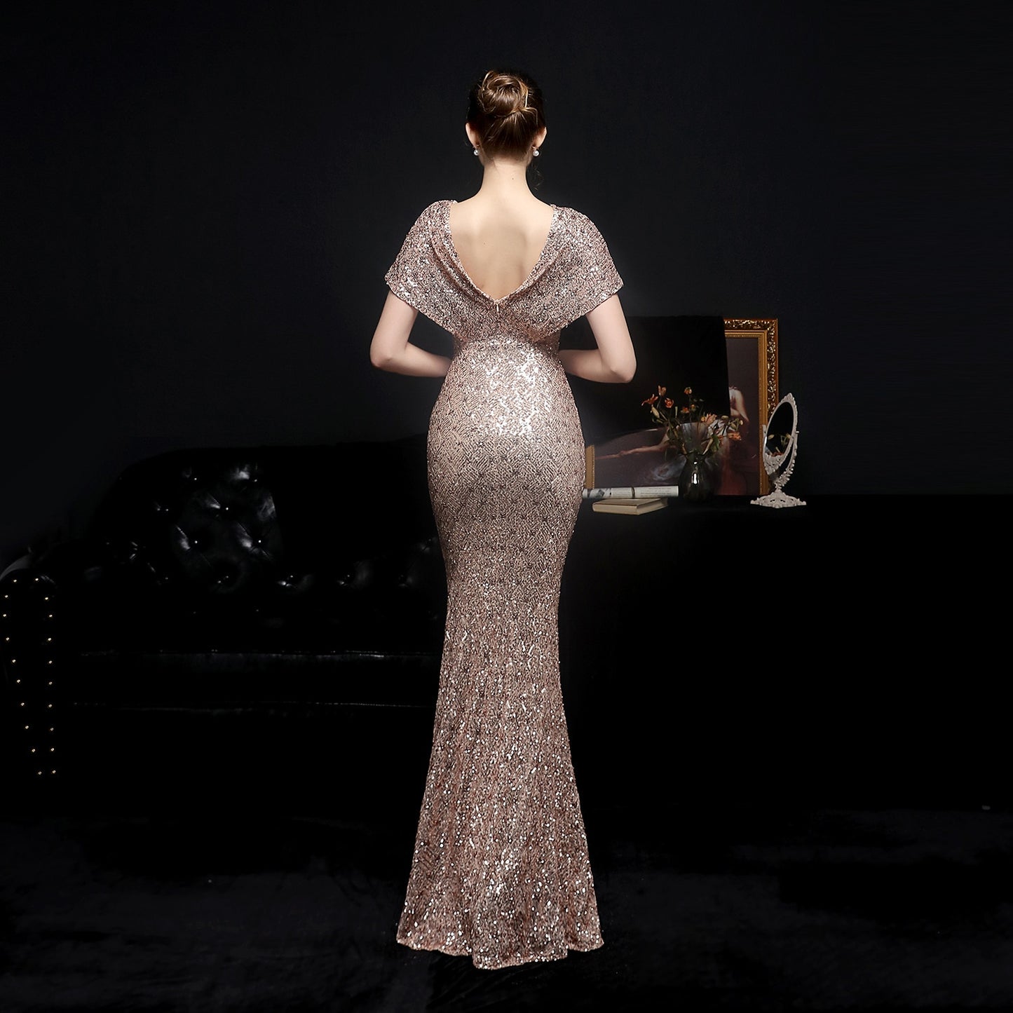 Evening wear Dresses: Elegant Gold Sequin Dress for Women Evening Dress with Beads