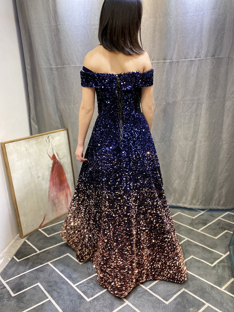 Evening wear Dresses: Prom Dresses Star Sky Vestidos De Gala Off Shoulder Sequins