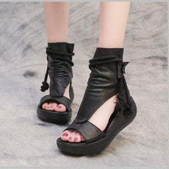 Summer Black Women Leather Sandals Cool Boots Platform Shoes