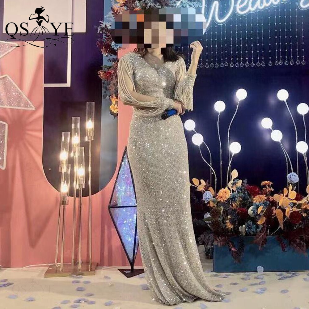 Evening wear Dresses: Silver Sequin Evening Dresses V neck Mermaid Prom Gown