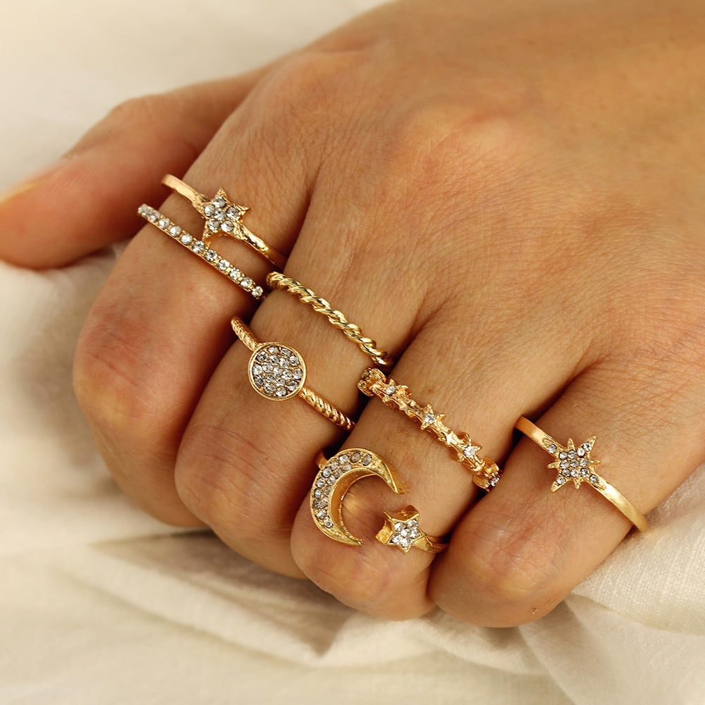 Bohemian Vintage Gold Crystal Geometric Joint Ring Set for Women Star