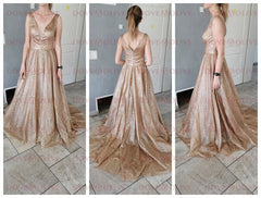 Champagne A-Line Prom Dresses V-Neck Wine Red Shiny Sequined