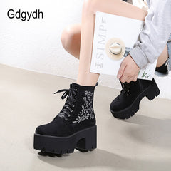 Fashion Flower Platform Boots Chunky Punk Leather Womens