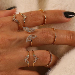Vintage Boho Crystal Butterfly Rings Set For Women Zircon Leaves Stars