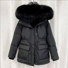 Cotton Padded Fur Parka Big Fur Collar Down Winter Jacket Women