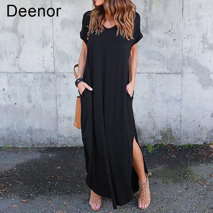 Plus Size 5XL Sexy Women Dress Summer Solid Casual Short Sleeve Maxi Dress For Women Long Dress