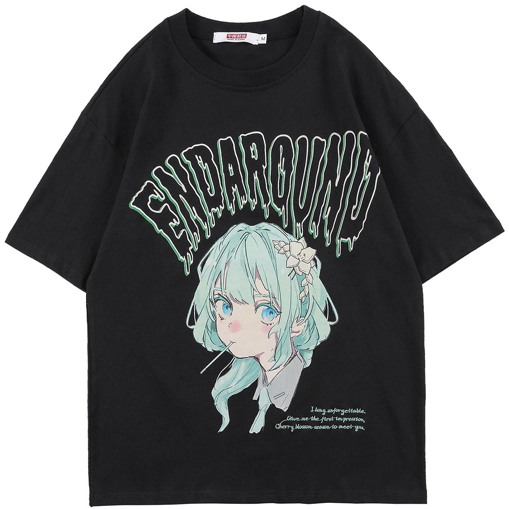 T-shirt Men Green Hair Girl Cartoon Anime Printed O-Neck  Streetwear