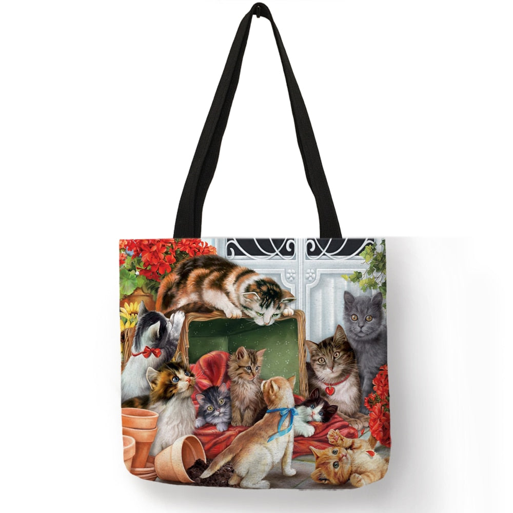 Customize Oil Painting Cat Print Womens Designer Tote Bags Linen