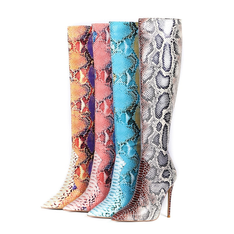 Women Snake Boots Pointed Toe Women High Boots Ladies