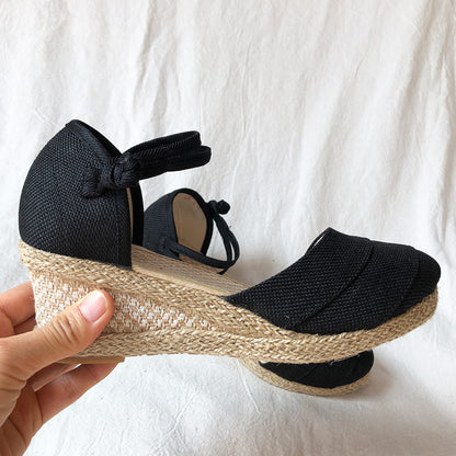Patchwork Handmade Women Plain Linen Sandals Wedge Espadrilles 6cm
