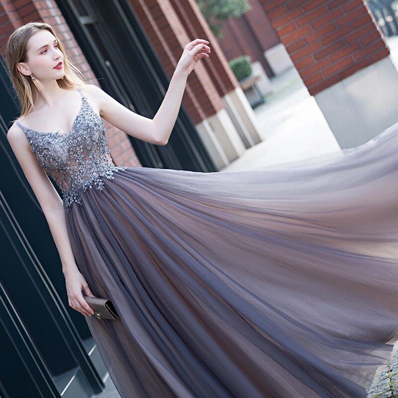 Evening wear Dresses: Prom Dresses V neck High Split Tulle Sleeveless Evening Gown
