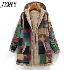 Winter Vintage Women Coat Warm Printing Thick Fleece Hooded Long Jacket