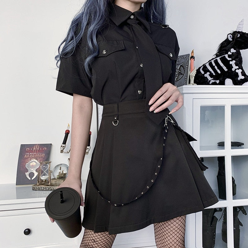 Harajuku Punk Gothic Black High Waist Black Skirts Women Patchwork