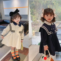 Spring Summer Girls Dress British Style Navy Collar Little Cute Long-Sleeved