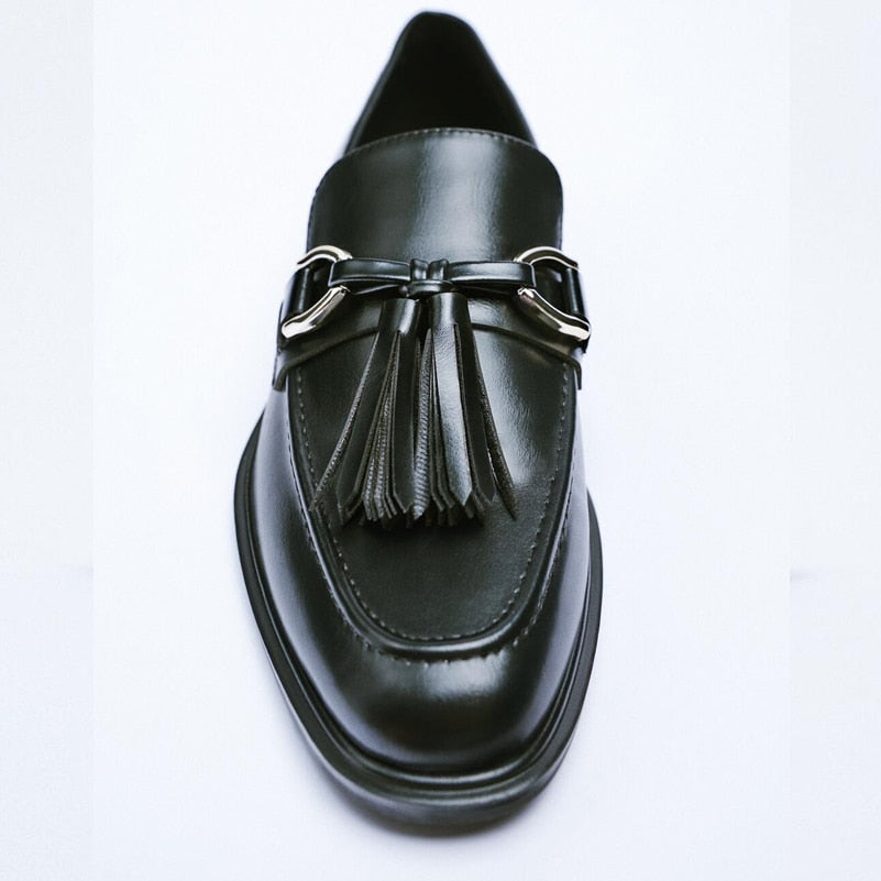 Women Loafers Genuine Leather Flat Shoes Metal Decoration