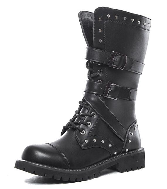 Men's Leather Motorcycle Boots Mid-calf Military Combat Boots Gothic