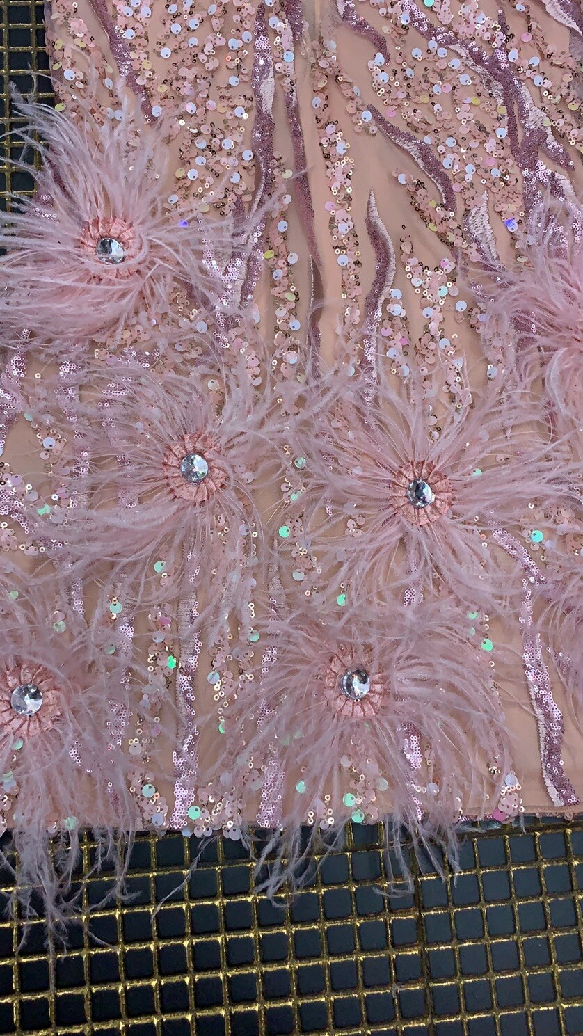 High Quality Pink Mini Feather V-neck Fashion Bodycon Dress