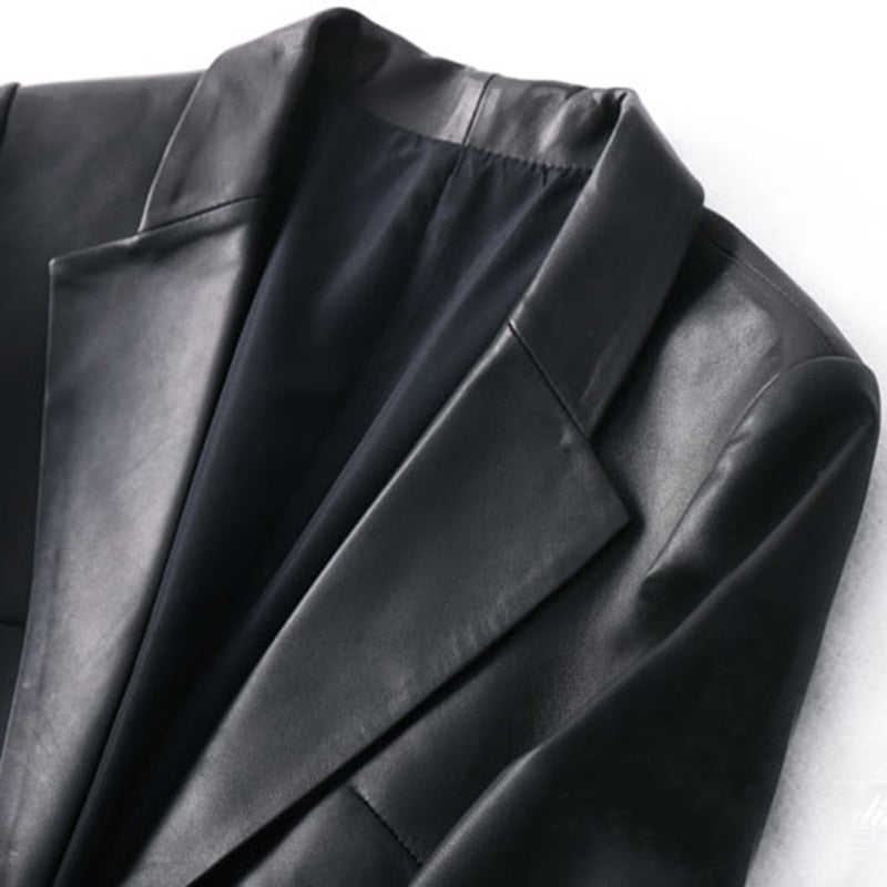 Spring Autumn Black Leather Blazer Women Single Button Slim Fit