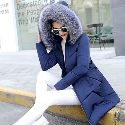 Fur collar winter coat ladies thick warm hooded long jacket women elegant slim