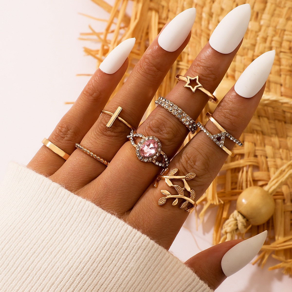 Vintage Boho Crystal Butterfly Rings Set For Women Zircon Leaves Stars