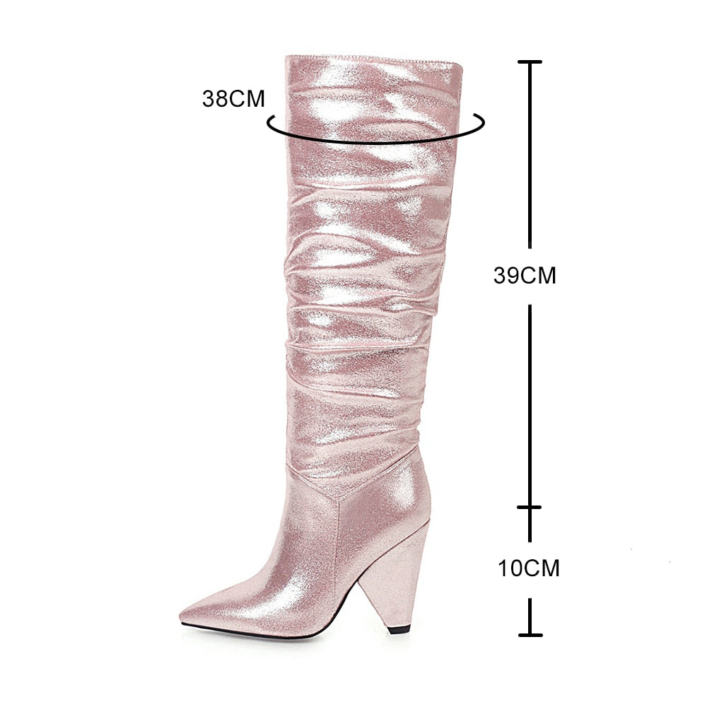 Winter Sequined Cloth Pleated Boots For Women Pointed Toe Thick Heels Botas