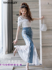 Fashion Long Maxi Denim And Lace Fishtail Skirt For Women S-2XL Mermaid Style